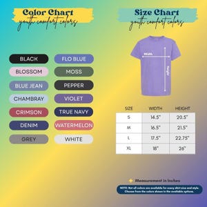 The image is a color chart and size chart for youth comfort colors, providing a visual guide for selecting the appropriate color and size for a shirt.