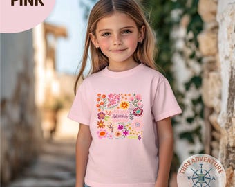 Camiseta infantil "La felicidad florece desde dentro", camiseta retro floral de amor propio, regalo para la salud mental, camiseta estética floral, camiseta para profesores.