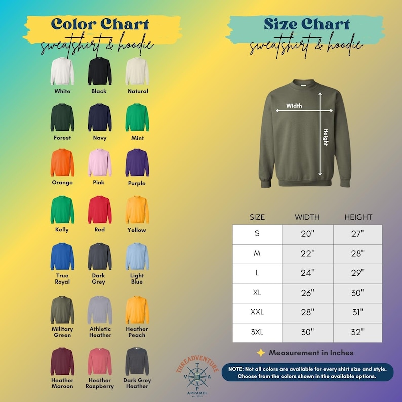 May include: A color chart and size chart for sweatshirts and hoodies. The color chart displays various colors, including white, black, and navy. The size chart shows measurements in inches, with a small size having a 20" width and 27" height.