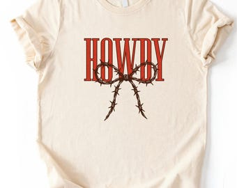 Camisa Howdy con lazo de alambre de púas, top estilo coqueta occidental, camisa occidental Howdy, top Howdy con lazo, camiseta cristiana occidental, camisa occidental