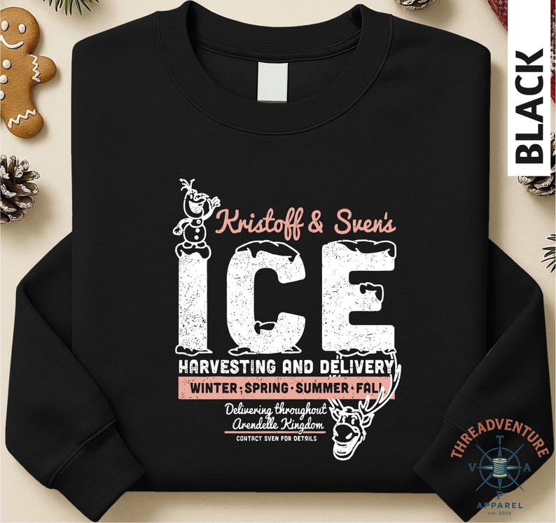 A black long-sleeved shirt with a graphic design featuring text and illustrations related to Kristoff & Sven's Ice Harvesting and Delivery service.