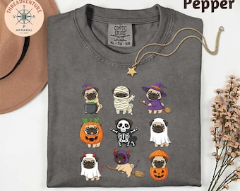 Comfort Colors Pug Halloween T-Shirt, Pug Halloween Tee, Spooky Halloween Dog Mom Sweater, Pug Mom Shirt, Pug Fall Tee, Pug Lover Kids Tee