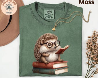 Comfort Colors Hedgehog Book Lover T-Shirt, Cute Animal Shirt, Hedgehog Glasses Tee, Book Shirt, Gift for Bookworms, Cozy Animal Lover Shirt