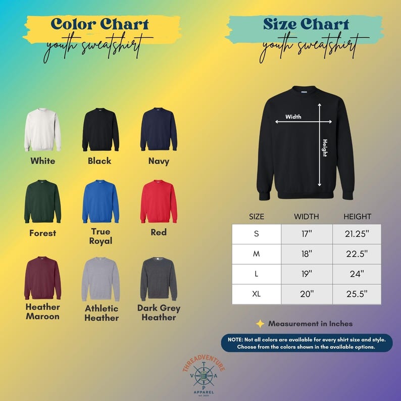 May include: A color chart and size chart for youth sweatshirts. The color chart displays sweatshirts in white, black, navy, forest green, true royal blue, red, heather maroon, athletic heather, and dark grey heather. The size chart shows measurements in inches for width and height.