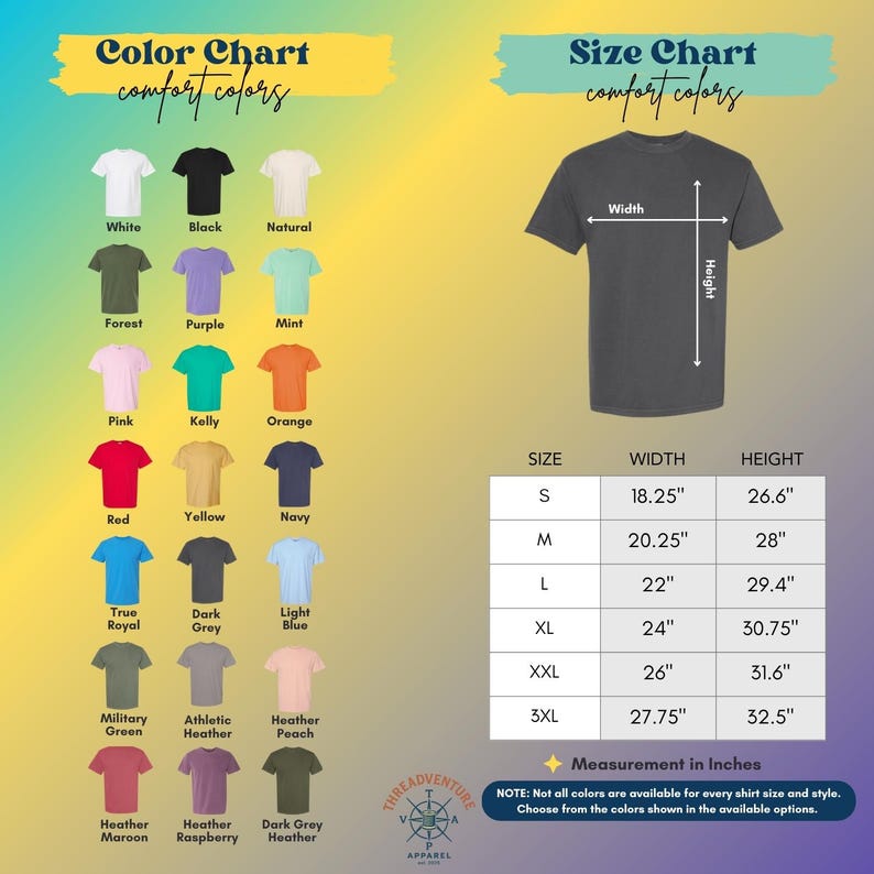 May include: Color and size chart for comfort colors t-shirts. The color chart displays various shirt colors, including white, black, and red. The size chart shows measurements in inches for sizes S to 3XL, with width and height dimensions.