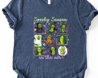 Camiseta de Halloween con diseño de pepinillo y ambiente espeluznante, linda camiseta de Halloween, camiseta de truco o trato, camiseta de bruja, fantasma y esqueleto, camiseta de temporada espeluznante