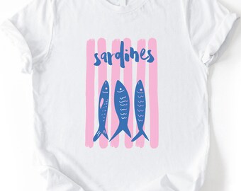 Camisa de sardinas, camiseta de pescador, camisa de pescado enlatado, camisa de playa, camiseta de sardinas de Portugal, top de verano preppy, camisa de verano francesa de sardinas