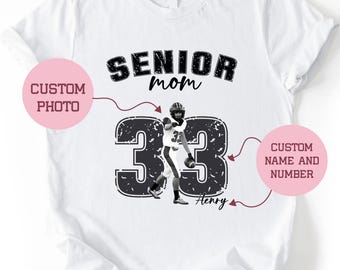 Custom Photo Senior Mom Baseball T-Shirt, Baseball Player Custom Number Name Shirt, Personalized Baseball Mama Top, Custom Baseball Mama Tee