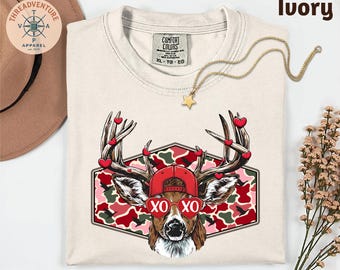 Comfort Colors Retro Valentines Hunting Deer Camo T-Shirt, Valentine Buck Top, Boys Valentines Shirt, Trendy Hunting Valentine Shirt