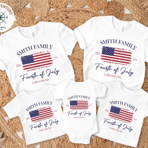 4th of July Custom Family Name and Location Shirt, Personalized July 4th Family Celebration T-Shirt, Family Matching American Flag Shirt