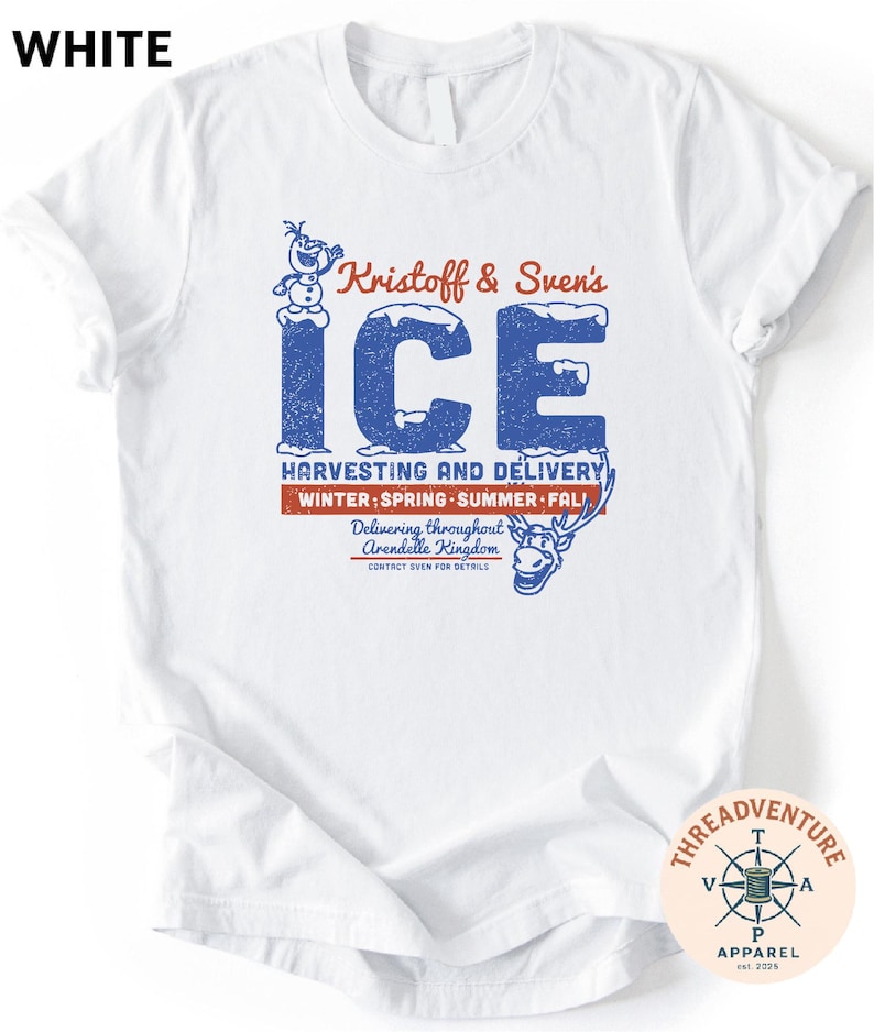 A white t-shirt with a graphic design featuring text and illustrations related to Kristoff and Suen's Ice.