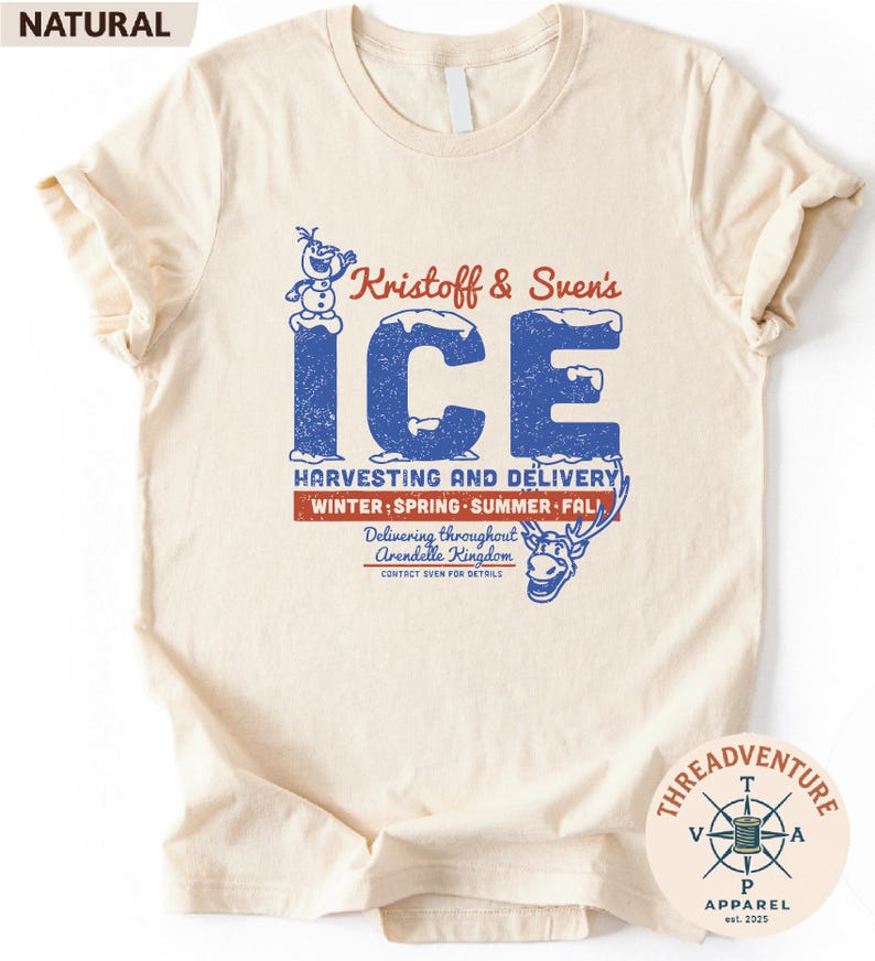 The image is a t-shirt with a graphic design featuring a snowman and a blue snowman. The design includes text and illustrations related to Kristoff & Sven's Ice Harvesting and Delivery service.