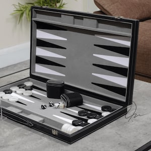 Jeu de backgammon fait main en similicuir gris graphène, taille tournoi 21 pouces