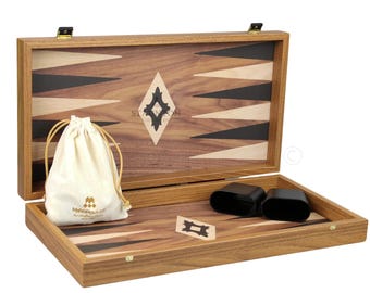 Gepersonaliseerde handgemaakte 20 inch manopoulos walnoot backgammon set met dobbelstenen en dobbelsteenbekers
