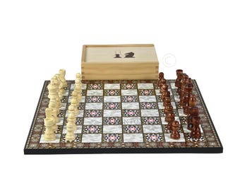 Personalised Handmade Mother of Pearl Design Chess Set with Storage Box – 14"