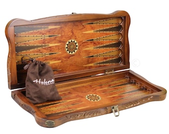Handmade Rosewood Backgammon Set Helena Carved Solid Wood, Mother of Pearl Inlays