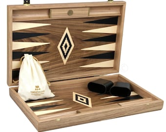 Gepersonaliseerde handgemaakte 23 inch manopoulos antiek walnoten backgammon set met opbergrekken, dobbelstenen en dobbelsteenbekers