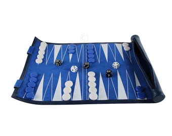 Personalised Handmade Leatherette Blue Roll-Up Backgammon Set – 13&quot;