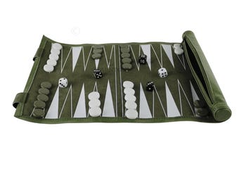 Handmade Leatherette Green Roll Up Backgammon Set Travel Game