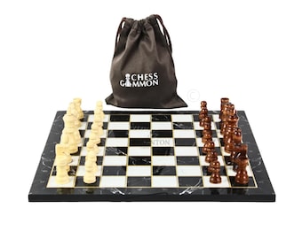 Personalised Handmade Black Marble Design Chess Set with Storage Bag – 14"