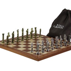 Mahogany Chess Set 14&quot; and Egyptian Metal Chess Pieces 2.5&quot; with Drawstring Bag