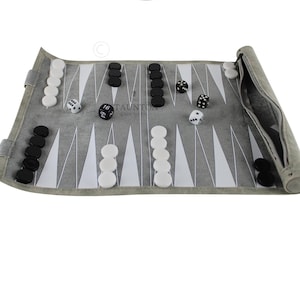 Personalized Grey Leatherette Roll Up Backgammon Set – Handmade Travel Game