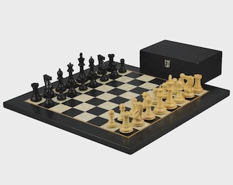 Ebony Chess Set 20" Helena Flat Board Weighted Ebonised Executive Staunton Pieces Storage Box