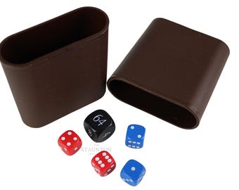 Backgammon Dice Set: Black Doubling Cube, Blue & Red Dice, Brown Cups
