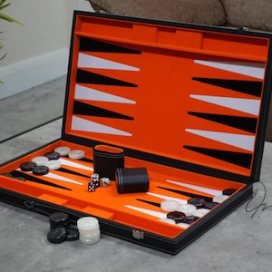 Personalised Handmade 21 Inch Leatherette Coral Orange Backgammon Set Handcrafted Tournament Size
