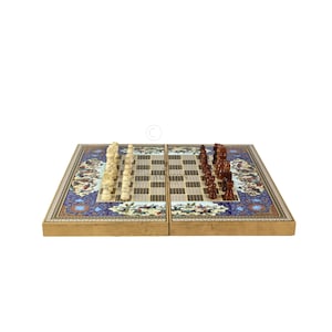 Personalised Handmade 20 Inch Wooden Khatam Design Chess and Backgammon Set Family Game