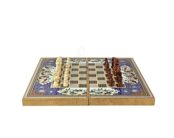 Gepersonaliseerde handgemaakte 20 inch houten Khatam ontwerp schaak- en backgammonset familiespel