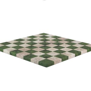 Op de afbeelding: Een vierkant schaakbord met een dambordpatroon van afwisselend donkergroene en lichtbeige stenen tegels. Het oppervlak heeft een gepolijste afwerking met zichtbare natuurlijke aders in het materiaal. De tekst Staunton Chess Co. staat in het midden gedrukt.