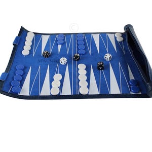 Handmade Leatherette Backgammon Set: 13 Inch Blue Roll Up Travel Game