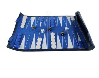 Handmade Leatherette Backgammon Set: 13 Inch Blue Roll Up Travel Game
