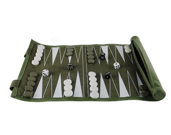 Personalised Handmade Leatherette Green Roll-Up Backgammon Set – 13&quot;