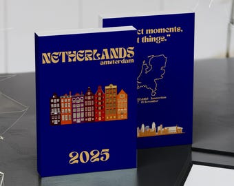 Szablon fotoksiążki z podróży po Amsterdamie: konfigurowalny ebook Canva (do pobrania w wersji cyfrowej)