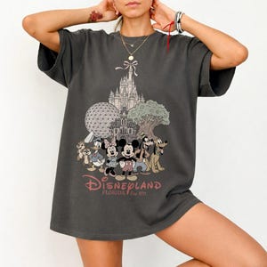 K&ouml;nnte beinhalten: Dunkelgraues T-Shirt mit einem Disneyland Florida-Motiv. Das Design zeigt Micky Maus, Minnie Maus, Donald Duck, Goofy und Pluto, sowie ein Schloss, Spaceship Earth und einen Baum. Der Text "Disneyland Florida Est. 1971" ist darunter gedruckt.