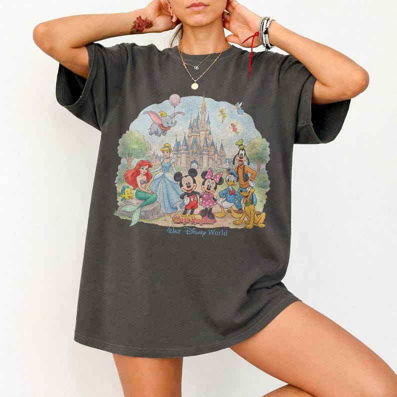 May include: Dark gray t-shirt featuring a colorful graphic of Disney characters including Mickey and Minnie Mouse, Ariel, and Cinderella in front of a castle. The text "Walt Disney World" is printed below the image. The shirt has short sleeves.