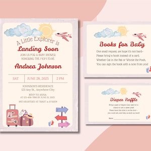 Editable Travel Baby Shower Invitation Set, Pink Baby Shower Invitation Set, Adventure Themed Baby Shower Invite, Travel Themed Baby Shower