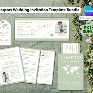 Sage Grün Digitaler Hochzeitspass Einladungsvorlage, Ziel Hochzeitseinladung Bündel, Reise Thema Hochzeit, Canva Hochzeitsvorlage