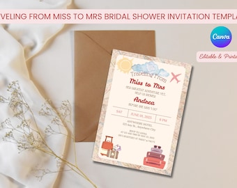 Traveling From Miss To Mrs Bridal Shower Invitation, Travel-Themed Bridal Shower Invitation, Editable Bridal Shower Invitation Template