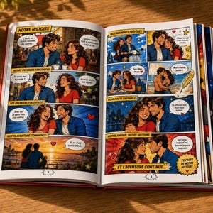 Peut inclure: Un livre ouvert avec des illustrations de style bande dessin&eacute;e d'un couple dans diverses situations romantiques. Les pages du livre pr&eacute;sentent des bulles de dialogue et du texte en fran&ccedil;ais. Un petit carnet et un stylo sont &agrave; proximit&eacute;.