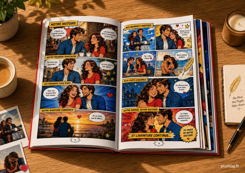 Peut inclure: Un livre ouvert avec des illustrations de style bande dessin&eacute;e d'un couple dans diverses situations romantiques. Les pages du livre pr&eacute;sentent des bulles de dialogue et du texte en fran&ccedil;ais. Un petit carnet et un stylo sont &agrave; proximit&eacute;.