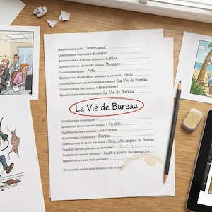 May include: A collection of comic illustrations and documents on a wooden surface. One comic shows a coffee machine exploding, another depicts an electrical mishap, and a third shows people relaxing on a beach. A document with the text "La Vie de Bureau" is also present.