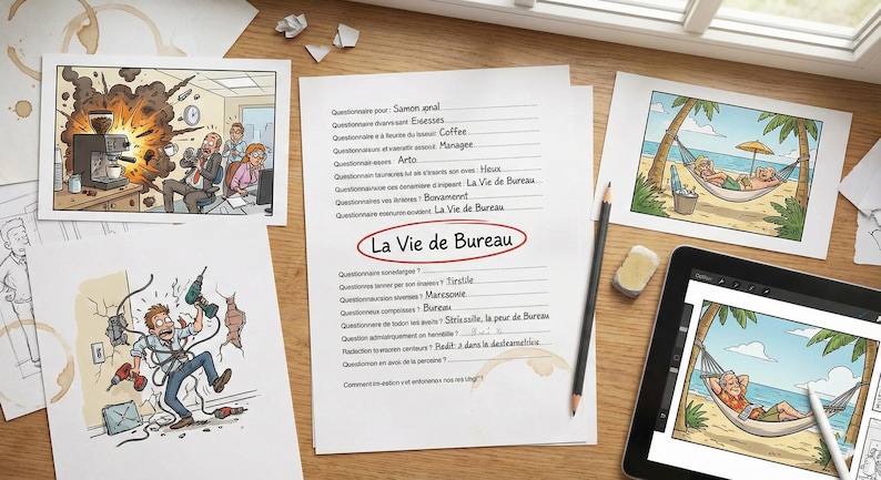 May include: A collection of comic illustrations and documents on a wooden surface. One comic shows a coffee machine exploding, another depicts an electrical mishap, and a third shows people relaxing on a beach. A document with the text "La Vie de Bureau" is also present.