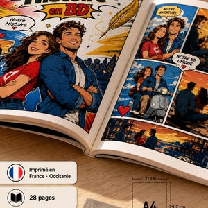 Peut inclure: Bande dessin&eacute;e ouverte, intitul&eacute;e "Notre Histoire en BD", avec des illustrations d'un couple. Les pages pr&eacute;sentent des cases color&eacute;es avec des bulles. Le livre est au format A4, mesurant 21 cm x 29,7 cm. Il contient 28 pages.