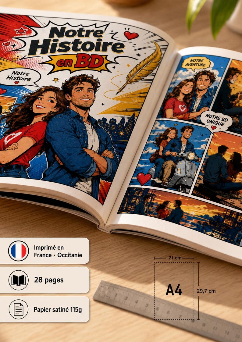 Peut inclure: Bande dessin&eacute;e ouverte, intitul&eacute;e "Notre Histoire en BD", avec des illustrations d'un couple. Les pages pr&eacute;sentent des cases color&eacute;es avec des bulles. Le livre est au format A4, mesurant 21 cm x 29,7 cm. Il contient 28 pages.