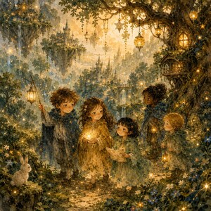 May include: A digital illustration of four children in cloaks exploring a forest with floating islands and castles in the background. The children carry glowing lanterns and hold light, surrounded by sparkling golden dust and lush greenery.