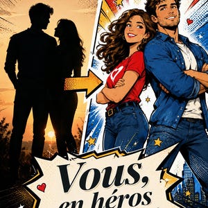 Peut inclure: Illustration de style bande dessin&eacute;e avec un couple en silhouette et un couple en couleur. Le couple en couleur porte des v&ecirc;tements d&eacute;contract&eacute;s. La femme porte un t-shirt rouge avec un c&oelig;ur, et l'homme porte une chemise en jean bleue. Texte : "Vous, en h&eacute;ros de votre histoire."