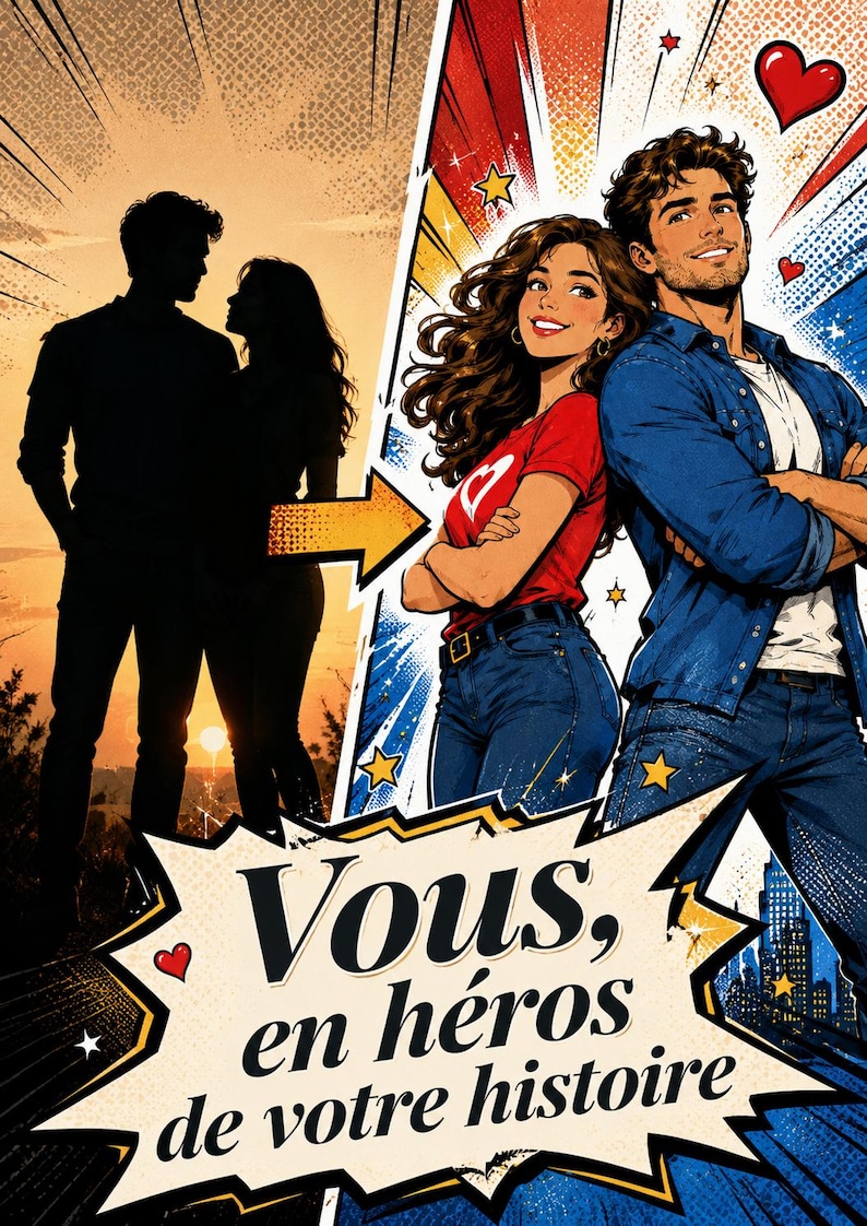 Peut inclure: Illustration de style bande dessin&eacute;e avec un couple en silhouette et un couple en couleur. Le couple en couleur porte des v&ecirc;tements d&eacute;contract&eacute;s. La femme porte un t-shirt rouge avec un c&oelig;ur, et l'homme porte une chemise en jean bleue. Texte : "Vous, en h&eacute;ros de votre histoire."